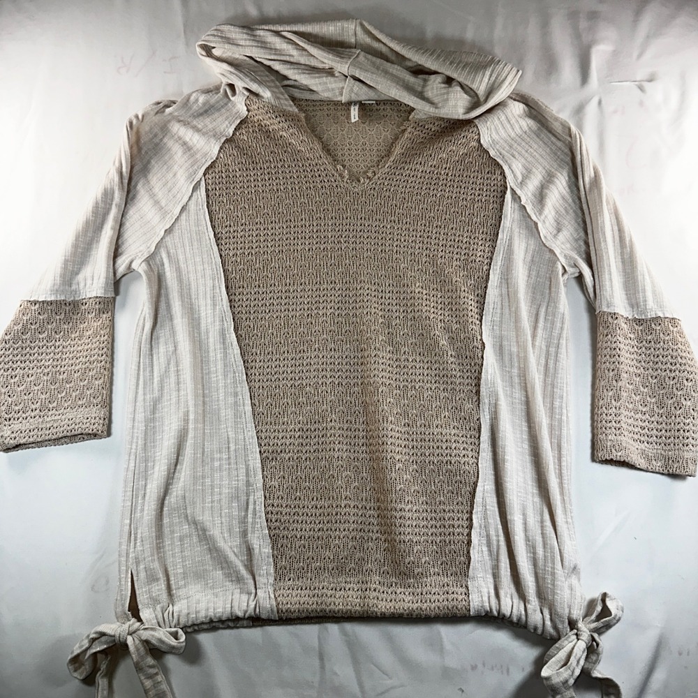 Cato Womens Tan Crochet Mixed Media Hooded Sweater Top 3/4 Sleeve Size M Boho